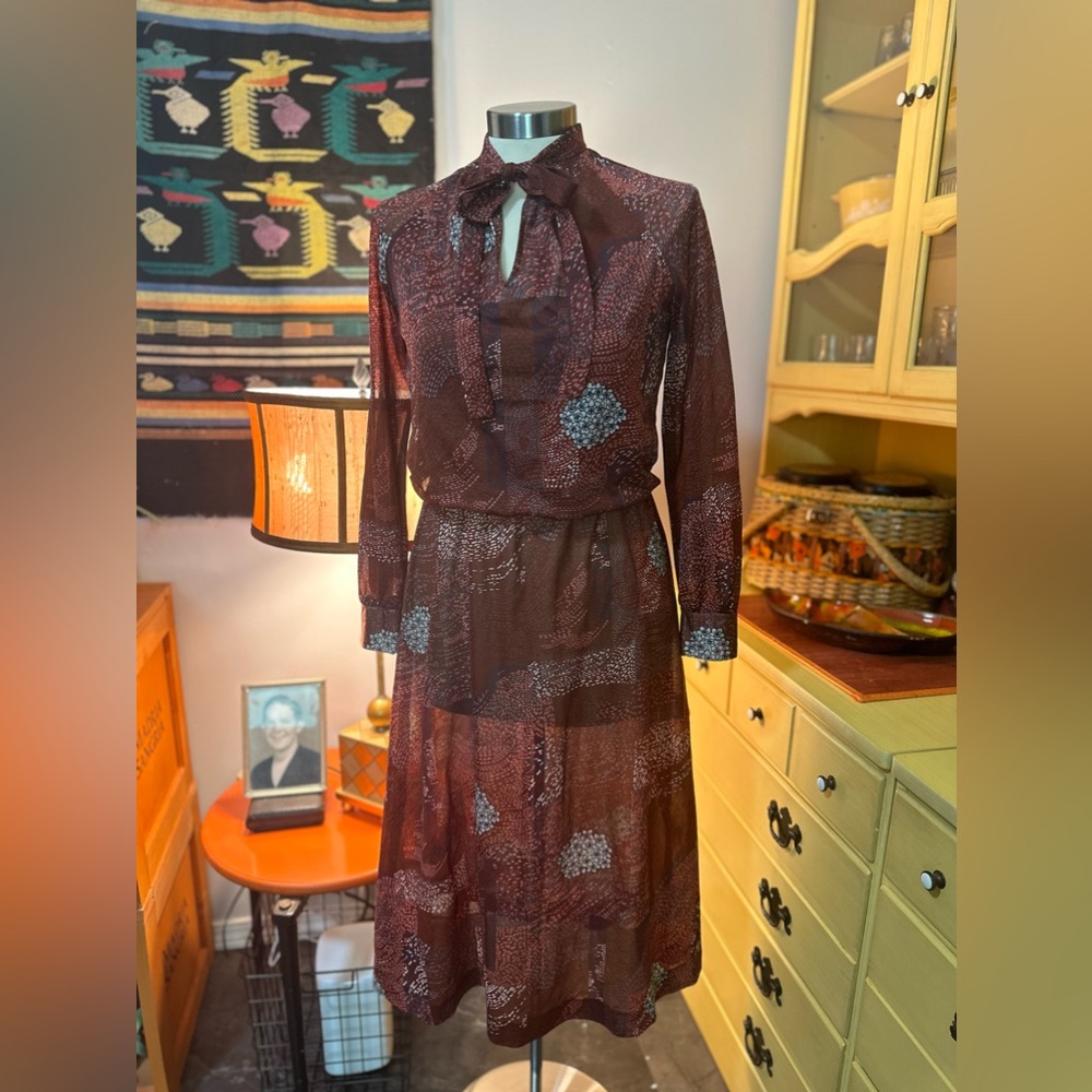 VTG 80s Poly Granny Core Sheer Secretary Dress